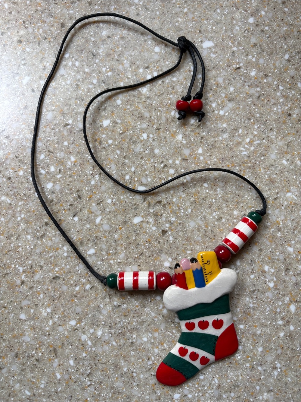 Flying Colors Rare Vintage Signed Ceramic Teacher Stocking Necklace